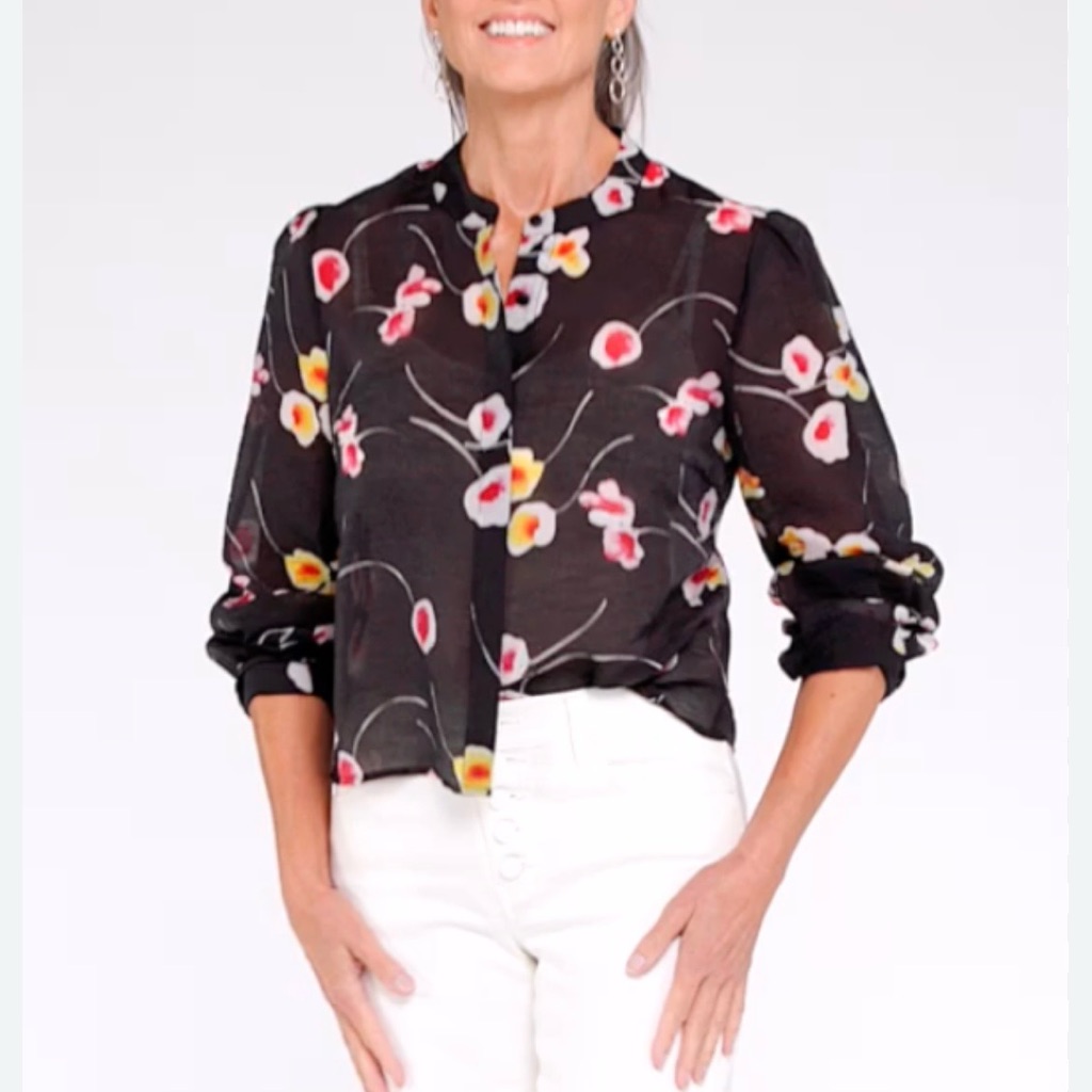 Cabi Springhouse 6504 Black Sheer Floral MandarinCollar Blouse Size Medium
